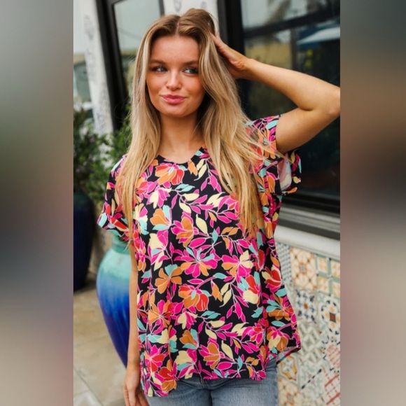 Women Floral V-Neck Top L Boho Vibrant Tropical Flowy Beachy Cruise Resort - Picture 12 of 12